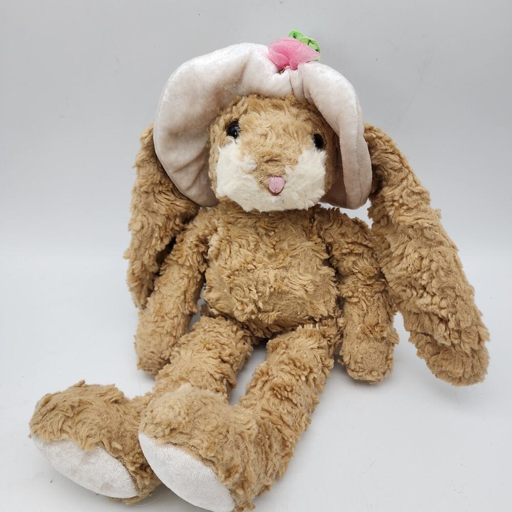 Bestever Bunny Rabbit Plush 11" Curly Tan Fur Velour Hat Pink Nose Beanie Floppy